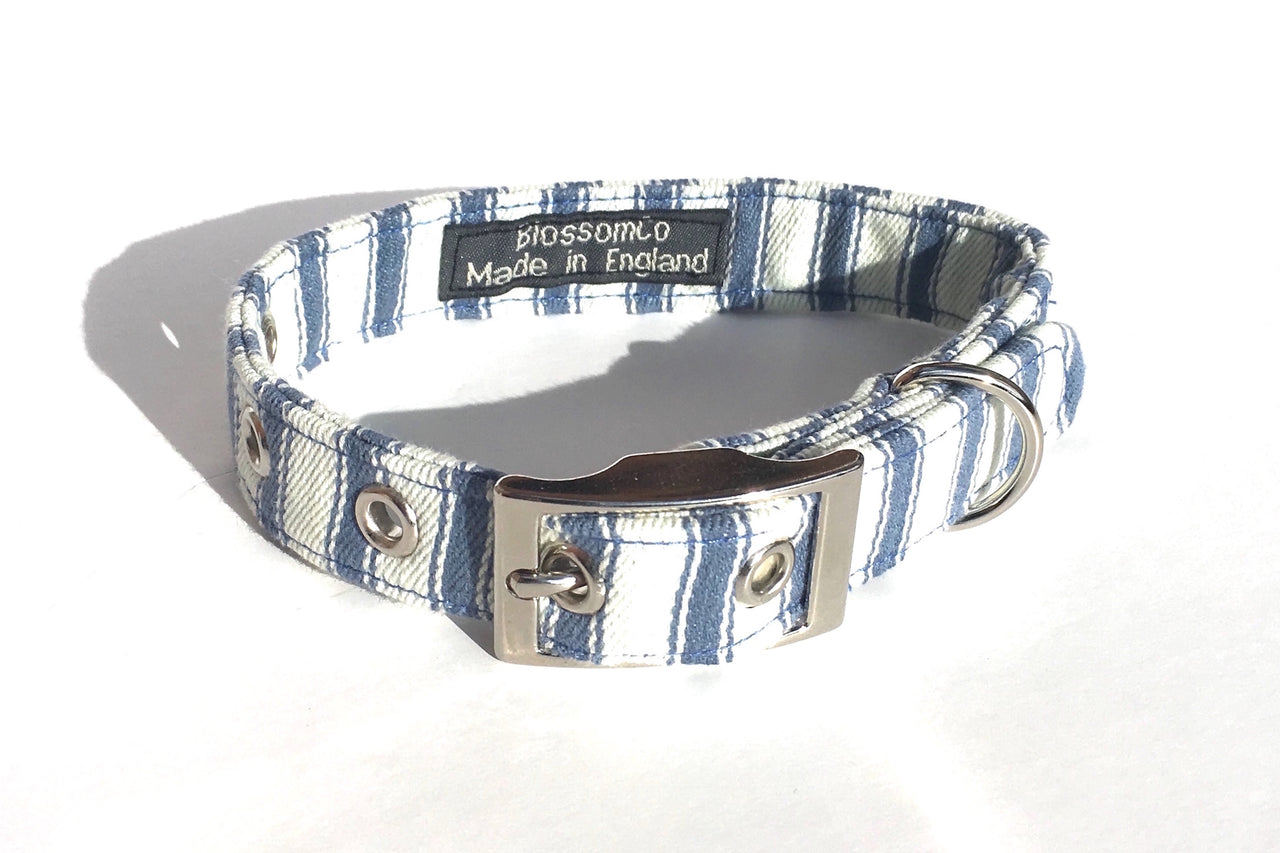 soft ticking fabric blue stripes dog collar