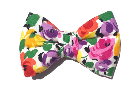 Handmade bold bright floral bowtie for dogs