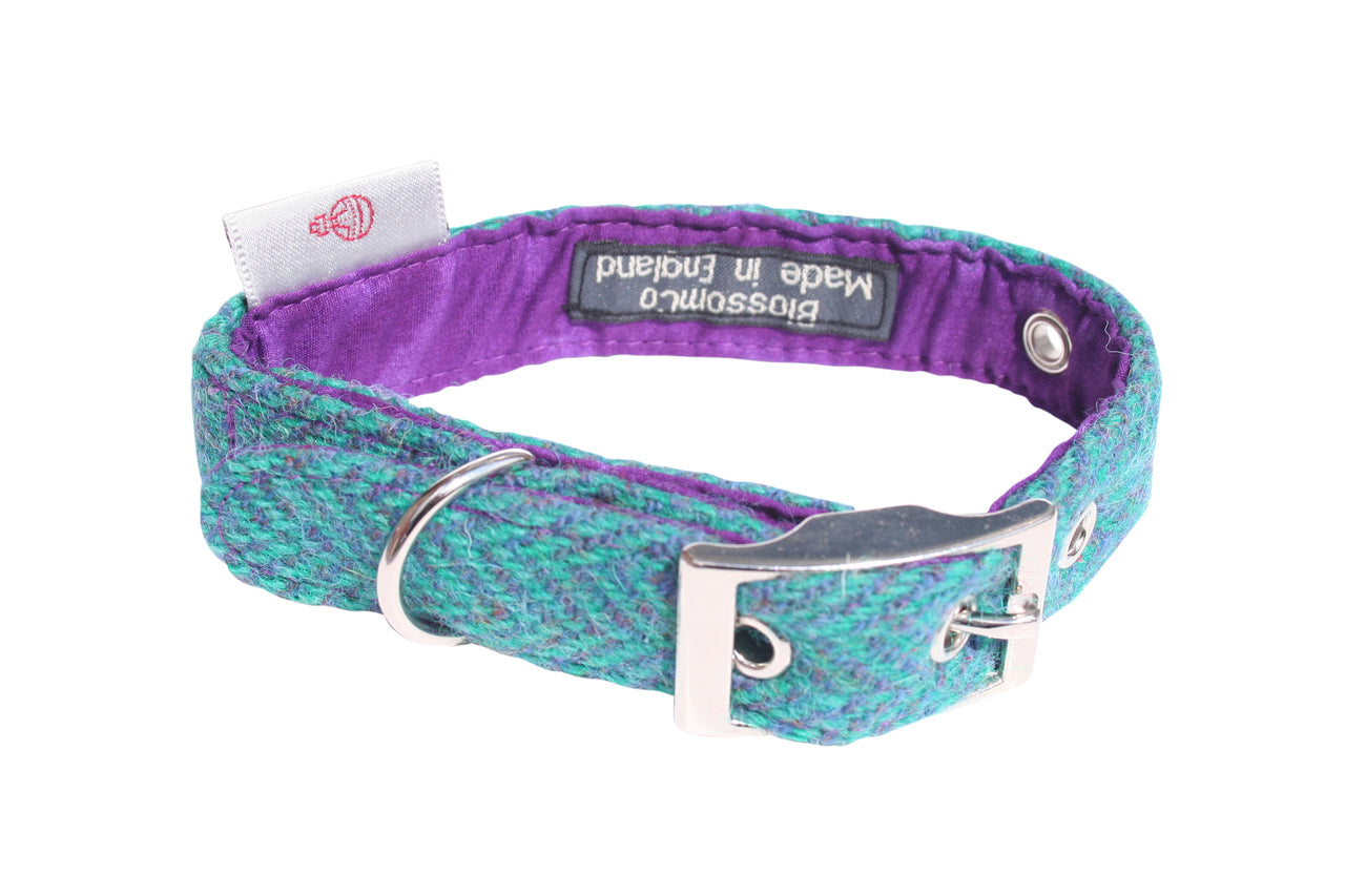 handmade purple herringbone Harris Tweed dog collar