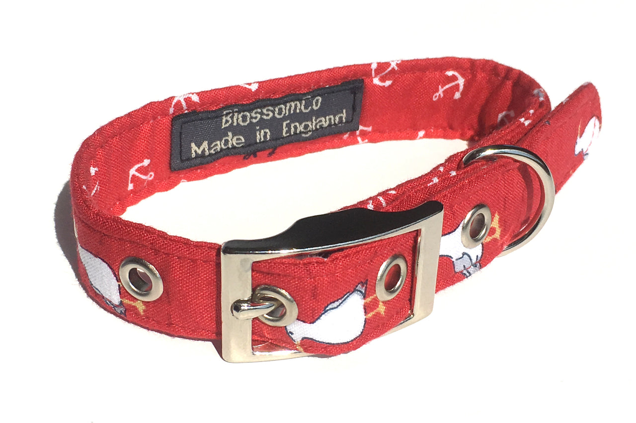 bright red handmade dog collar with seagulls design