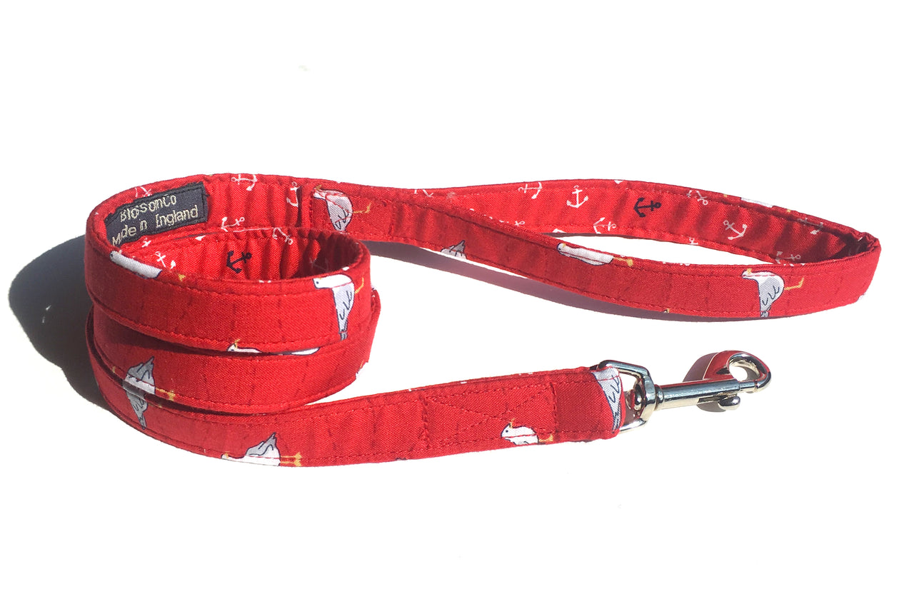 handmade in England red fabric dog collar with seagulls design