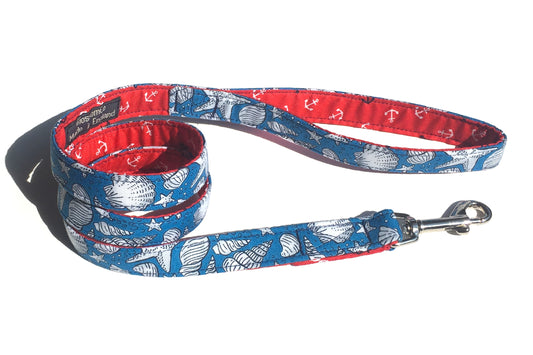 blue dog lead with sea shells design