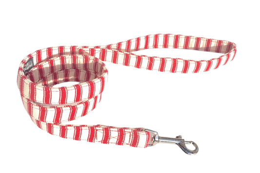 soft ticking fabric dog lead with red stripes